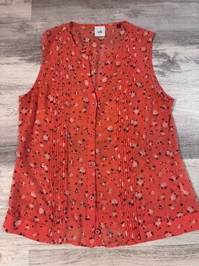 CAbi Coral-Pink Floral Sleeveless Pintuck Sleeveless Button Blouse